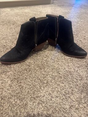 Frye Black Suede Ankle Booties with Side Zipper and Stacked Heel